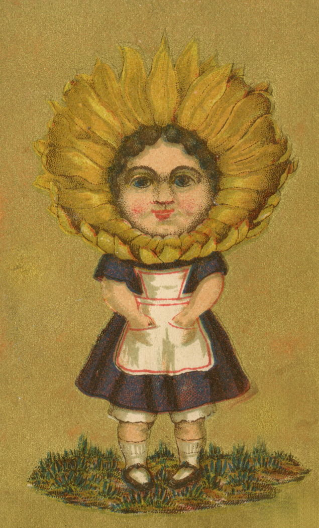 Girl wearing a dress with yellow sunflower petals surround her head.