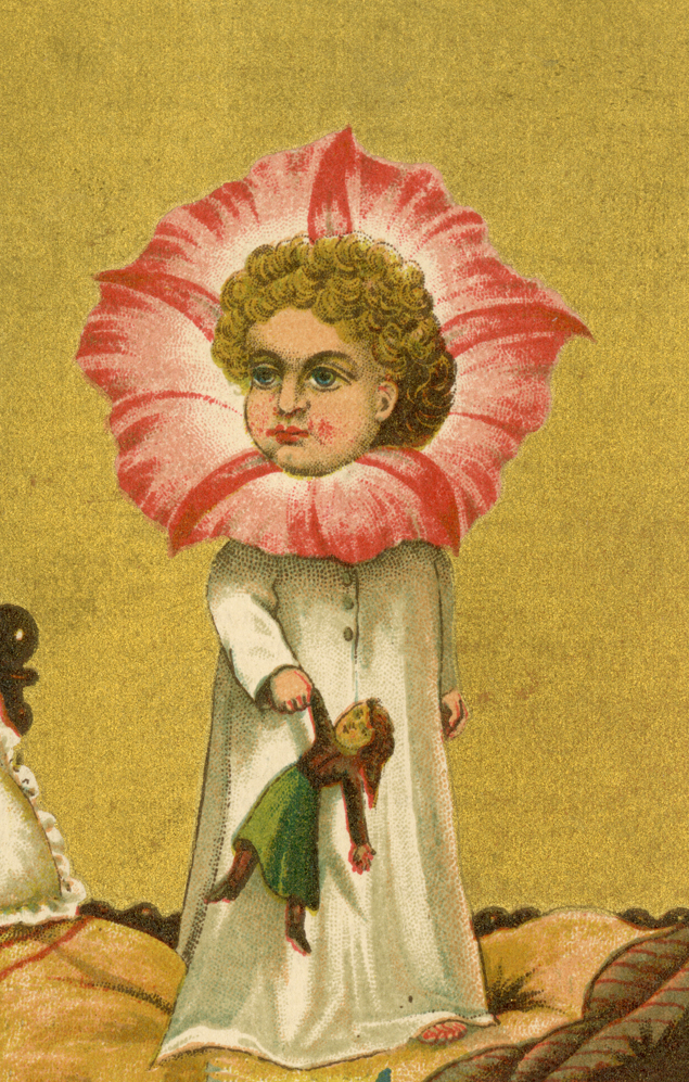 Girl wearing sleeping gown and holding doll. Red morning glory petals surround her head.