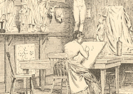 Illustration of a woman drawing at a desk in a room filled with art.