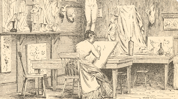 Illustration of a woman drawing at a desk in a room filled with art.