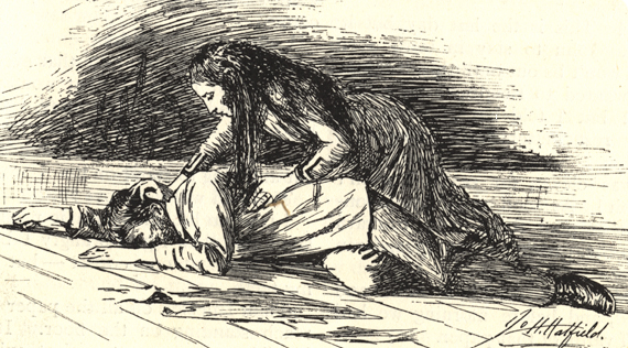 Illustration of a woman leaning over an unconscious man