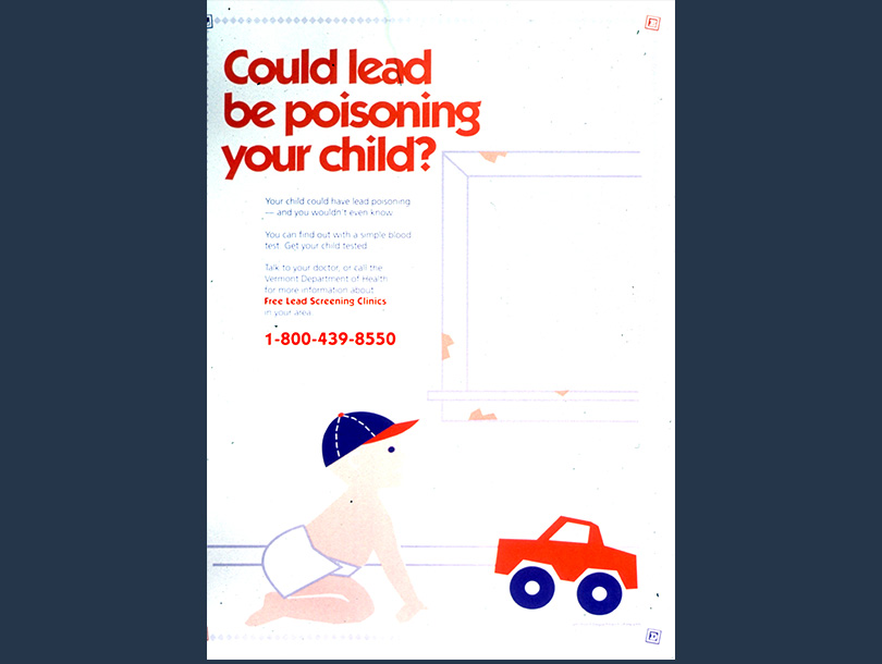 A poster with text and an illustration of a white baby playing with a toy car