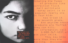 The face of an adolescent on the left side of the poster.The right side discusses things to know about sniffing inhalants in black writing on an orange background.