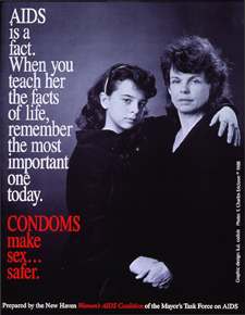 Predominantly black and white poster with white and red lettering. Title on left side of poster. Visual image is a reproduction of a black and white photo of a mother and her school-age daughter. The daughter has one arm around the mother's shoulders. Publisher information at bottom of poster.