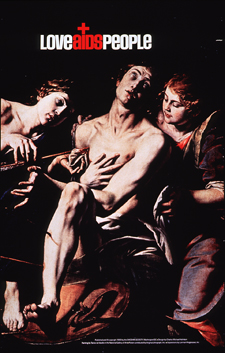 Multicolor poster with white and red lettering. Title at top of poster. A small red cross or plus sign sits atop the 'i' in the title word 'AIDS.' Visual image is a reproduction of da Varallo's painting of St. Sebastian. A woman on the right supports the wounded Saint's body, while an angel on the left removes an arrow from his chest. Publisher and sponsor information at bottom of poster.