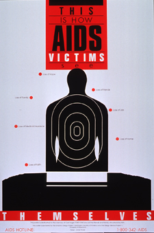 Red, white, and black poster. Most title text at top of poster. Visual image is a silhouette of a human figure with a target superimposed, as if for shooting practice. Phrases surrounding silhouette list problems faced by people with AIDS including loss of hope, family, friends, job, home, insurance, and faith. Final title word below illustration. Note and sponsor information at bottom of poster, along with an AIDS hotline number.