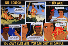 Multicolor poster with black and yellow lettering. Title at top of poster. Visual image is a series of six illustrations playing out a scene between an Aboriginal man and woman. The couple meets at the beach and apparently negotiates for sexual intercourse. The woman asks about condoms and the man implies they're shameful. The woman disagrees and asks if the man has heard about AIDS. In the final panel, she reiterates the title. Caption below illustrations. Publisher information and two additional agencies listed at bottom of poster.