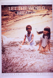 Multicolor poster with black and white lettering. Some publisher information and title at top of poster. Visual image is a color photo reproduction featuring two children playing at the seashore. Caption and note near bottom of photo. Additional publisher information at bottom of poster.