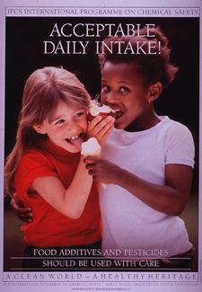 Multicolor poster with black and white lettering. Some publisher information and title at top of poster. Visual image is a color photo reproduction featuring two girls sharing an apple and an ice cream cone. Caption and note near bottom of photo. Additional publisher information at bottom of poster.