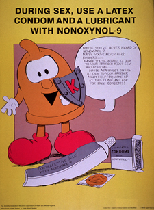 Predominantly yellow poster with black lettering. Title at top of poster. Visual image is an illustration of a cartoon-style condom. The condom holds a little shield and speaks the caption text. A tube of contraceptive jelly, a condom, and a box of condoms lay at its feet. Publisher information in lower left corner. Note in lower right corner.