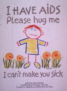 Predominantly white poster with gray and black lettering. Title at top of poster. Visual image is a crayon-like drawing of a child. The child stands amid flowers with its arms stretched out. Caption below illustration. Note and publisher information below illustration.