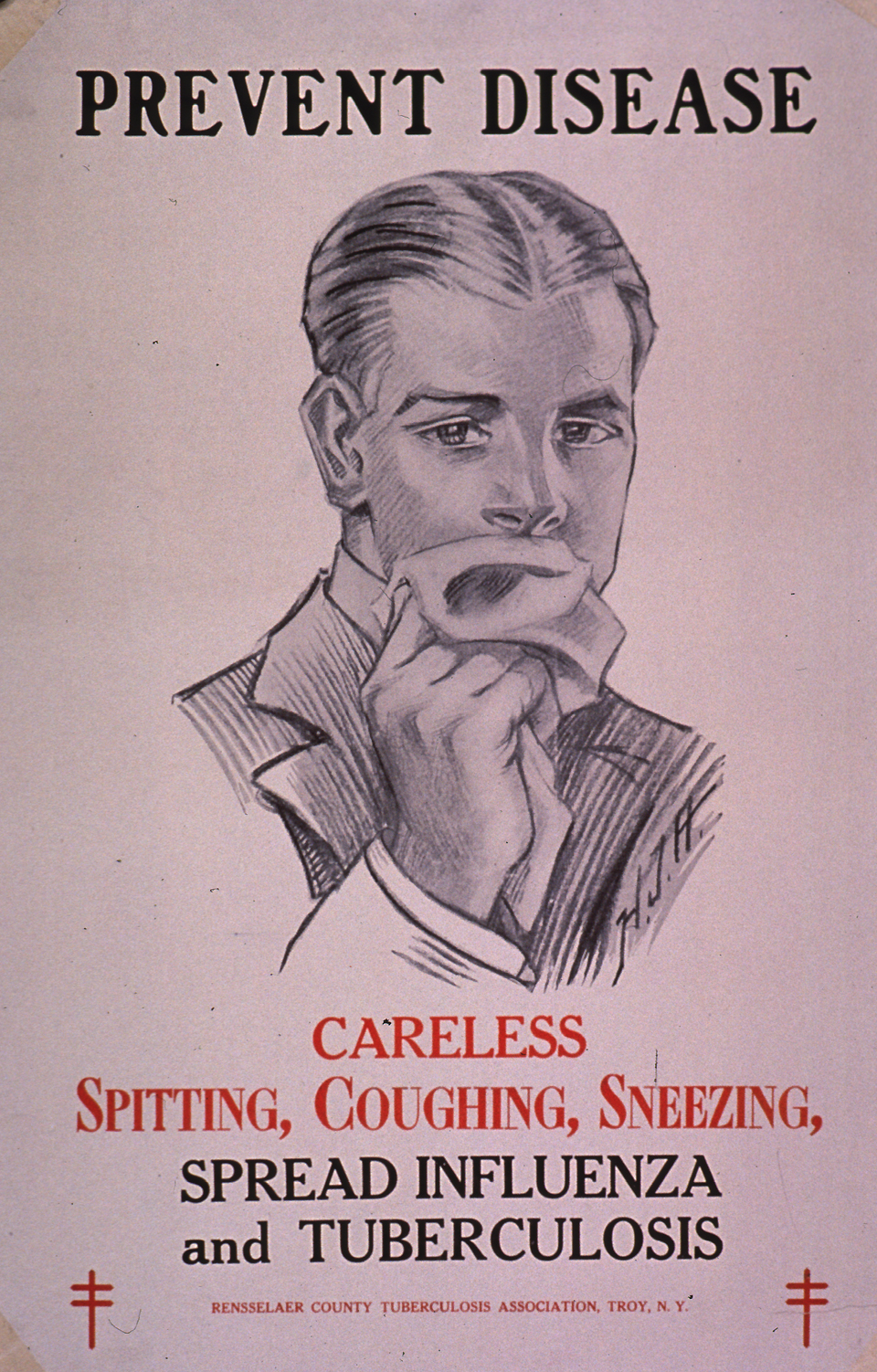 Predominantly white poster with black and red lettering. Title at top of poster. Visual image is an illustration of a man holding a handkerchief over his mouth. Caption and publisher information below illustration.