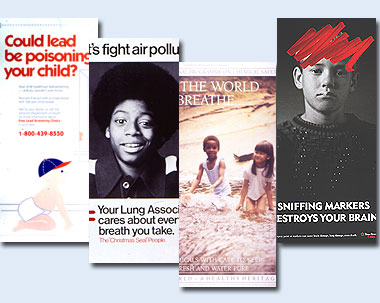 Environmental Health Posters montage featuring four posters. The left poster is Could Lead Be Poisoning Your Child? featuring a toddler with a baseball cap on his head and wearing diapers. The next poster is Let's Fight Air Pollution featuring a black and white photo of a smiling boy. The next poster is Let the World Breathe featuring two children playing at the seashore. The last poster is Sniffing Markers Destroys Your Brain featuring red magic marker scribbled on the forehead of a boy.