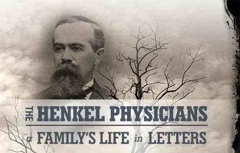 Logo for The Henkel Physicians: a family's life in letters featuring the head and shoulders left pose of a man imposed on a cloudy sky with a barren tree.