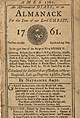 The cover for An Astronomical Diary, or An Almanack for the Year of Our Lord Christ 1761 ... by Nathaniel Ames featuring an illustration of a smiling sun near the top.