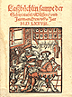 The cover of Hans Kaspar Wolf's Lassbüchlin sampt der Schrybtafel featuring the title in red lettering above a woodcut of a man sitting in a chair while a man standing beside him performs a blood-letting.