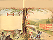 The August Flower and German Syrup Almanac for 1898 open to show the front and back cover. It features an blank easel with a man holding a paint palette lying on the ground near a boy and a girl sitting on a hill over looking a train track with an approaching train. A large billboard near the train tracks states August Flower and German Syrup Almanac.