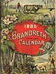 The color front cover of the Brandreth Annual Calendar for 1885. It features a man plowing a field in the top scene and a man hunting with two dogs in the bottom scene.