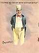 The back color cover of an almanac with a three-quarters length view of a man wearing a yellow top hat and pants, and a blue jacket. The words above him state I cured my cough with german syrup