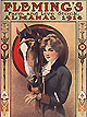 The color cover of Fleming's Farm and Live Stock Almanac for 1914. It features the half-length illustration of a woman wearing a horse riding outfit with a brown horse with its head leaning over her shoulder.