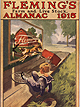 The color cover of Fleming's Farm and Live Stock Almanac for 1915. It features a small child in a blue sailor outfit lying on the ground with a wheel underneath the child's left leg. A red cart is attached to a dog who is chasing a cat through a screen.