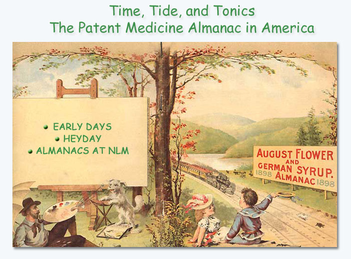 Banner for Time, Tide, and Tonics: The Patent Medicine Almanac in America written in green letters
