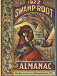 The color front cover of the Swamp-Root Alamanac for 1922. It features a Native American wrapped in a blanket in the forefront of a Native American village scene. On the left size are the zodiac signs using Native American for some of the images.