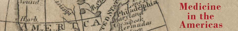 Banner for Medicine in the Americas featuring a section of a map of the United States of America on the left side and the words Medicine in the Americas on the right side.