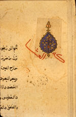 The detail of an ornamental medallion that have been cut out of an earlier manuscript and pasted into the right corner margin of folio 28b from  Abu Manṣūr al-Ḥasan ibn Nūḥ al-Qumrī's Kitāb al-Ghiná wa-al-muná (The Book of Wealth and Wishes). The glossy biscuit paper has evenly dispersed fibers with some inclusions and occasional thin patches.