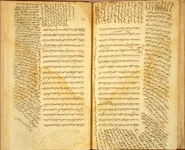 Folios 13b and 14a from Tashrīh al-a‘dā’ al-murakkab min kitāb al-Qānūn (The Anatomy of the Parts Assembled from the Book of the Canon). The central text consists of the anatomical sections of the Canon of Medicine by Ibn Sīnā (Avicenna). In the margins are lengthy quotations from the commentary on the anatomy of the Canon that was written by Ibn al-Nafīs. The burnished, glossy beige paper has lightly scattered fibres, slightly curved vertical laid lines, and faint single chain lines. The central text is written in a medium-small, compact, elegant and professional naskh script. Black ink with headings in red and with red overlinings.