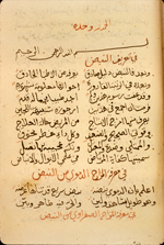 Folio 48a of MS A 34 featuring Urjūzah fī ta‘rīf al-nabḍ wa-al-bawl (A Poem on the Knowledge of the Pulse and Urine) attributed to Ibn Sina. The cream, semi-glossy paper has laid lines, single chain lines, and is watermarked. The text is written in a medium-small naskh, inelegant and awkward but consistent, with some ligatures. The text area has been frame-ruled but the ruling was often not followed. Black ink with the headings in red and some vocalization; the ends of stanzas are indicated by red dots.