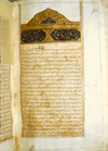 Folio 300b of Abū ‘Alī al-Husayn ibn ‘Abd Allāh Ibn Sīnā's Kitāb al-Qānūn fī al-Tibb (The Canon on Medicine) featuring the illuminated opening in the middle of the third book. The text is written on a thin brown paper in small to very small nasta‘liq,with headings in naskh. Black ink with headings in red.  frame of blue, black and red ink and gilt has been drawn around the text area; a larger frame of a single blue ink line is also on the bordering frame.