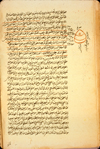 Folio 60b from Alī al-Jilānī's Sharḥ al-Qānūn (Commentary on the Canon) featuring a marginal diagram of the side of the skull, labeled sudgh, which refers to the squamous part of the temporal bone. The biscuit semi-glossy paper is thick and has wavy indistinct laid lines. It is waterstained and wormeaten. The text is written in black ink with headings in red and red overlinings.