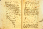 Folios 1b and 2a from beginning of Nafīs ibn ‘Iwāḍ al-Kirmānī's Sharḥ al-Mūjiz (Commentary on the Mūjiz). The semi-glossy paper is of beige color and has wavy horizontal laid lines and chain lines. The text is written in a medium-small, compact nasta‘liq script. The text area has been frame-ruled. Dense black ink, with headings in red and red overlinings.