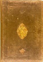 The cover of MS P 11 bound in a 19th-century Persian binding of black leather over pasteboard. Each cover has a central panel stamp impressed over tan-colored paper cut roughly to its contours. The central panel is lozenge-shaped with scalloped contours and inner field of flowers and stems. On the vertical axis there are two pendant stamps similarly impressed over tan-colored paper. The frames surrounding the design are blind-tooled and composed of simple fillets and a string of S-shaped stamps.