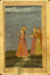 Folio 10b from Ladhdhat al-nisā’ (The Enjoyment of Women) featuring an illustration of three women, in opaque watercolors with gilt. The painting is a variety of opaque watercolors with gilt framed in narrow borders of blue, red, black, and gilt lines enclosing a vine with leaves outlined in red and green. The gray-brown, semi-glossy paper has horizontal, sagging laid lines. The text is written in a fine professional medium-small ta‘liq script, in dense black ink with headings in red.