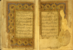 Folios 1b and 2a from Ladhdhat al-nisā’ (The Enjoyment of Women) featuring the illuminated opening with wide ornamental borders painted in blue, red, green and brown watercolors with gilt, framing the area of text. The gray-brown, semi-glossy paper has horizontal, sagging laid lines. The text is written in a fine professional medium-small ta‘liq script, in dense black ink with headings in red.