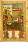 Folio 3b from Ladhdhat al-nisā’ (The Enjoyment of Women) featuring a full-page painting of a turbanned and seated ruler surrounded by courtiers painted in a variety of opaque watercolors with gilt framed in narrow borders of blue, red, black, and gilt lines enclosing a vine with leaves outlined in red and green. The gray-brown, semi-glossy paper has horizontal, sagging laid lines. The text is written in a fine professional medium-small ta‘liq script, in dense black ink with headings in red.