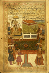 Folio 4a from Ladhdhat al-nisā’ (The Enjoyment of Women) featuring a three-quarter-page painting of a court scene with a female entertainer in the lower right. The seated and turbanned ruler can be see in the upper left. The painting is a variety of opaque watercolors with gilt framed in narrow borders of blue, red, black, and gilt lines enclosing a vine with leaves outlined in red and green. The gray-brown, semi-glossy paper has horizontal, sagging laid lines. The text is written in a fine professional medium-small ta‘liq script, in dense black ink with headings in red.