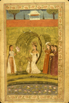 Folio 7b from Ladhdhat al-nisā’ (The Enjoyment of Women) featuring a full-page painting, in opaque watercolors and gilt, of a woman smoking a waterpipe with attendants. The painting is a variety of opaque watercolors with gilt framed in narrow borders of blue, red, black, and gilt lines enclosing a vine with leaves outlined in red and green. The gray-brown, semi-glossy paper has horizontal, sagging laid lines. The text is written in a fine professional medium-small ta‘liq script, in dense black ink with headings in red.