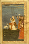 Folio 9b from Ladhdhat al-nisā’ (The Enjoyment of Women) featuring a full-page painting, in opaque watercolors and gilt (slightly defaced), of a group of women with an deer in foreground. The painting is a variety of opaque watercolors with gilt framed in narrow borders of blue, red, black, and gilt lines enclosing a vine with leaves outlined in red and green. The gray-brown, semi-glossy paper has horizontal, sagging laid lines. The text is written in a fine professional medium-small ta‘liq script, in dense black ink with headings in red.