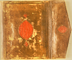 The lower cover and envelope flap from Ibn Sina's al-Qasīdah al-‘aynīyah (The Poem on the Soul). The volume is bound in a Persian/Indian binding of the 18th or 19th century. It consists of dark-brown leather over pasteboards and includes an envelope flap. In the center of each cover there is a panel stamp impressed over a maroon-colored piece of leather cut roughly to the contours of the panel stamp. A similar technique was employed for the two pendants on the covers and the stamp on the envelope flap. The central stamp has a shallow-scalloped ovoid outline with the inner field decorated in relief with intertwined leaves and flowers. Leaves and stems decorate the field of the envelope flap, and an abstract design was used for the pendants. The frames on the cover and envelope flap are blind-tooled fillets that are almost inconspicuous.