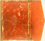 The lower cover and flap of MS A 30 which is an 18th or 19th century Persian/Turkish cover and has a large scalloped mandorla panel stamp and two pendants. The inner panels are filled with intertwined cloudbands, ribbons, flowers, and vines, while the blind-stamped devices are framed by blind-tooled borders of simple fillets. The envelope flap attached to the lower cover has a blind-stamped device identical to one of the pendants on the covers.