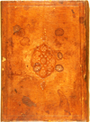 The back cover of MS A 33 which is bound in an 18th or 19th -century Persian/Turkish binding of brown leather over pasteboards with an envelope flap. Both covers have a blind-stamped large scalloped mandorla panel stamp whose decoration on the inner field has a central flower in full bloom and interweaving vines with full blown and smaller flowers and leaves. There are two small pendants blind-stamped with a single flower-bud. The covers also have blind-tooled frames formed of simple fillets either side of a narrow guilloche roll.