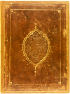 The back cover of Ibn al-Tilmīdh's Aqrabadhin (Formulary). The binding of the volume incorporates the covers from a 15th-century binding made in Egypt/Syria or possibly Persia. The central design of each cover is a scalloped mandorla. The points of the mandorla have extended gilt lines with tiny flower heads, and the edges of the mandorla have been painted gold, with gold radiating lines. The field within the mandorla has a blind-stamped floral and leaf design. The frame consists of a single gold fillet with tiny gold flowerheads at the corners, enclosed by a blind-tooled frame composed of lines either side of a row of small circles.