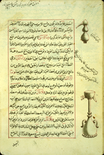 Folio 81b of Abū al-Qāsim Muḥammad ibn ‘Abd Allāh al-Anṣārī's Sharḥ Shudhūr al-dhahab (Commentary on the poems 'Nuggets') featuring distillation equipment illustrated in the right margin. The very glossy, thin, biscuit paper has thin vertical laid lines and single chain lines. The text is written in a medium-small naskh script, using black ink with headings in red and red overlinings. The text is written within a frame of single red ink lines.