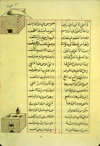 Folio 84a of Abū al-Qāsim Muḥammad ibn ‘Abd Allāh al-Anṣārī's Sharḥ Shudhūr al-dhahab (Commentary on the poems 'Nuggets') featuring an upper marginal illustration shows a retort resting in a brick furnace, while the lower one shows a rather complex brick furnace in the left margin. The very glossy, thin, biscuit paper has thin vertical laid lines and single chain lines. The text is written in a medium-small naskh script, using black ink with headings in red and red overlinings. The text is written within a frame of single red ink lines.