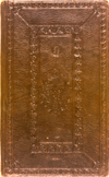 The front cover of a short anonymous and untitled Persian text, written diagonally, consisting mostly of recipes, MS A 68. The volume is bound in pasteboards covered with black leather. The cover is decorated with deeply-stamped blind, scalloped mandorla medallions with pendants; the inner fields are filled with flowers and leaves. This design is surrounded by two frames, one of deeply-impressed blind-stamped sprays of flowers with leaves and the other of deep-set S-shaped leaves. There are corner pieces on the covers filled with flowers and leaves.