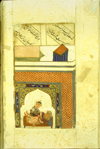 Folio 35b from Nūr al-Din ‘Abd al-Raḥmān Aḥmad ibn Muḥammad Jāmī's Kitāb Salāmān va Absāl (The Book of Salāmān and Absāl) featuring a miniature painting, now slightly defaced, in opaque watercolors, gilt and inks, of a couple having sexual intercourse. The thin, brittle, biscuit paper has laid lines only visible. It is copied in an elegant, professional, nasta‘liq script with alternating couplets written diagonally. The couplets are written in rectilinear areas outlined in fine ink and gilt frames within larger frames formed of black ink lines filled with green opaque watercolor and gilt. The headings are written in gold and blue inks.