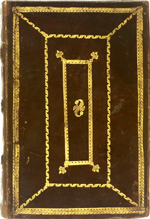 The back cover of Zakarīyā’ ibn Muḥammad al-Qazwīnī's ‘Ajā’ib al-makhlūqāt wa-gharā’ib al-mawjūdāt  (Marvels of Things Created and Miraculous Aspects of Things Existing). The volume is bound in dark-brown leather over pasteboards. The cover has a central, large, gold-stamped, floriated S-shaped design enclosed by three concentric gold-tooled rectangular frames. The corners of the inner frame have gold-stamped finial decorations, and the corners of the middle frame are connected to those of the outer frame by lines of gold-stamped S-shaped feathers, which also form the middle frame. The outer frame is a composite of three geometric gold-tooled patterns.